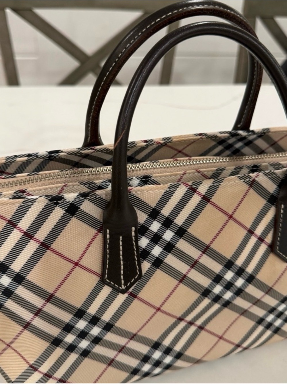 Burberry Beige Check Tote with Dark Brown Leather Handles - Picture 2 of 15